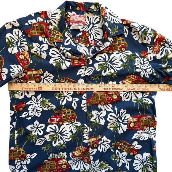 Vintage RJC Hawaiian Shirt Men's XL Navy Multi Floral Bus Vehicles Made in USA - Picture 10 of 10